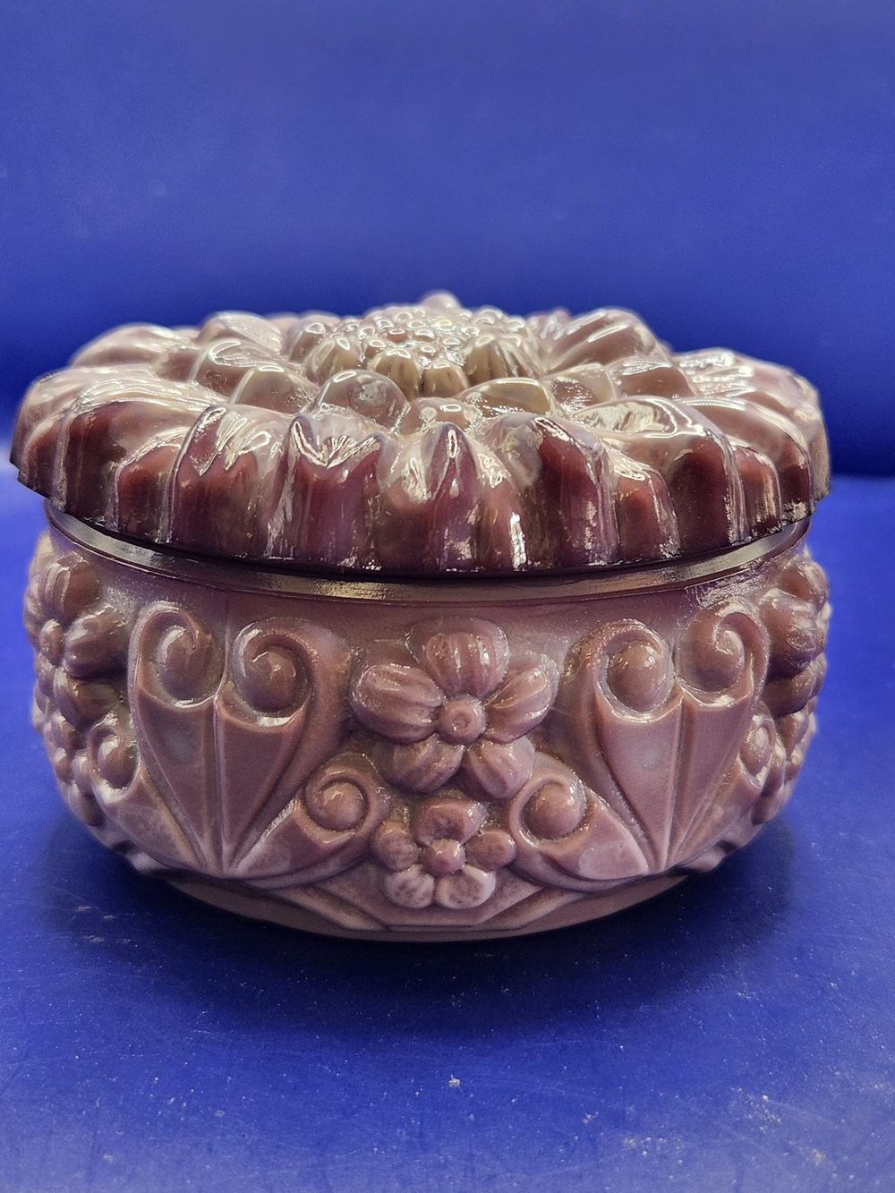 Vintage 20th Century Purple Malachite Glass Trinket Box By Jablonecke Sklarny